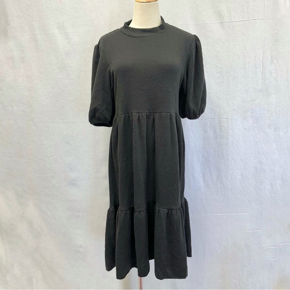 Zara puffโ sleeve black heavy knit mock neck tiered midi dress size medium